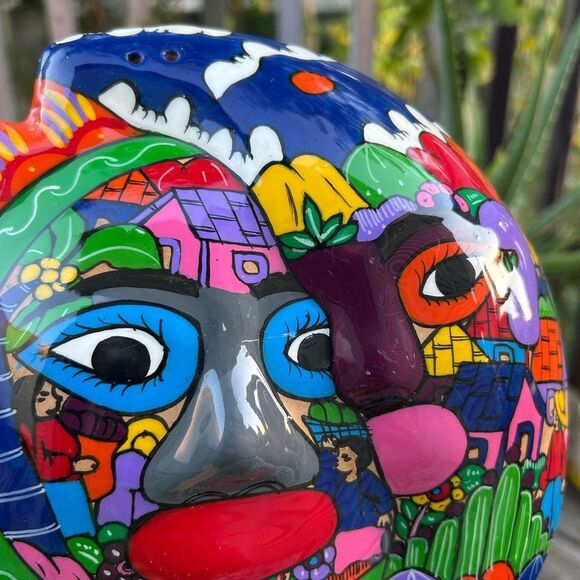 Mexican Folk Art Talavera Moon Sun Eclipse Hand Painted Clay Wall Hanging 8.5" - Picture 3 of 16